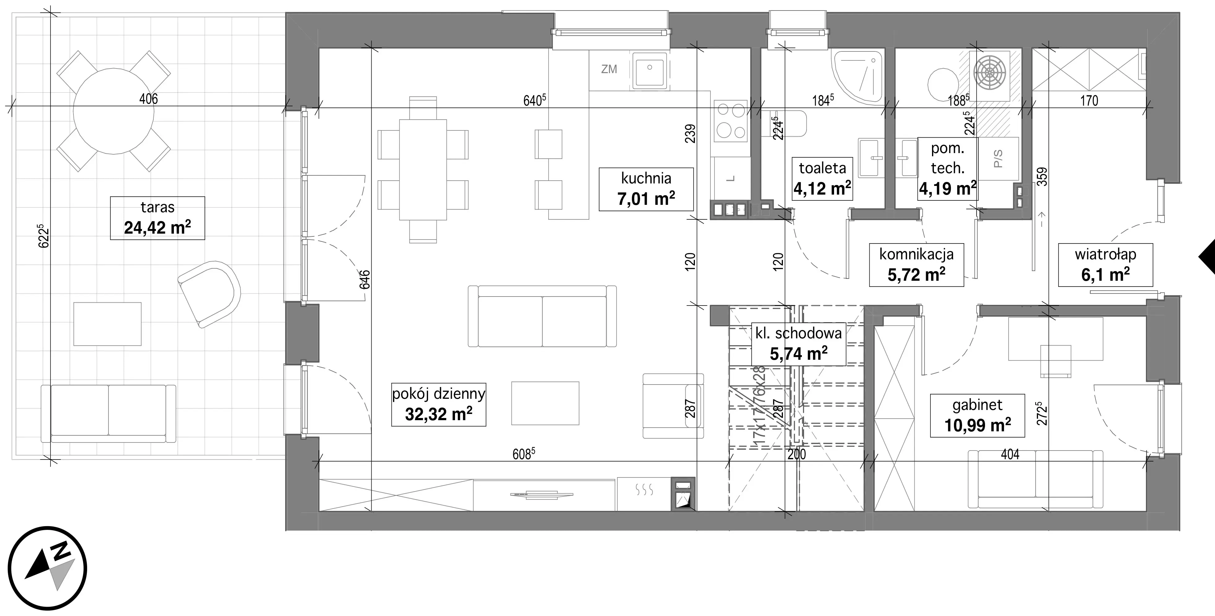 Plan parteru domu jednorodzinnego w inwestycji w Potrzanowie. Na planie zaznaczone są następujące pomieszczenia pokój dzienny o powierzchni 32,32 m², kuchnia o powierzchni 7,01 m², toaleta o powierzchni 4,12 m², pomieszczenie techniczne o powierzchni 4,19 m², wiatrołap o powierzchni 6,1 m², komunikacja o powierzchni 5,72 m², klatka schodowa o powierzchni 5,74 m², gabinet o powierzchni 10,99 m² oraz taras o powierzchni 24,42 m². Na planie znajdują się także meble, co daje wyobrażenie o układzie przestrzennym wnętrza.